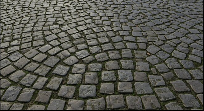 Gray cobblestone pavement with small patches of green moss or grass between the stones creating a textured surface