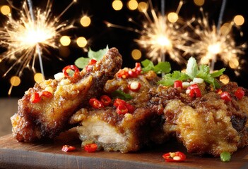 Delicious Fried Chicken with Chili Peppers.