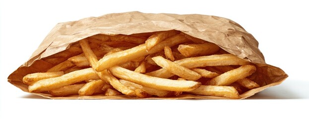 Delicious Golden French Fries in a Brown Paper Bag.