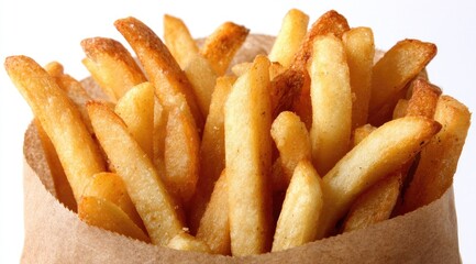Delicious Golden French Fries in a Paper Bag.