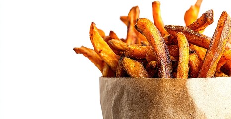 Delicious Sweet Potato Fries in Paper Bag.