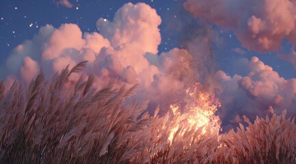 Dreamy Sunset Sky with Fluffy Clouds and Tall Grass.