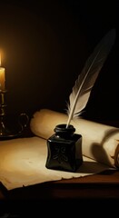 Quill pen and inkwell sit on parchment by candlelight.