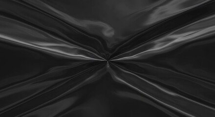 Silky glossy black fabric radiating from a central focal point creating a dynamic abstract pattern