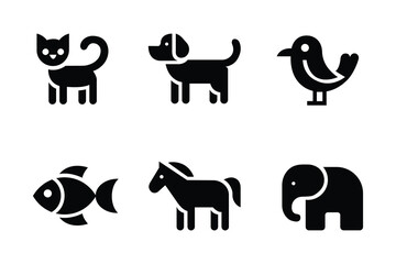Collection of Animal Icons Vector Set featuring Cat, Dog, Bird, Fish, Horse, and Elephant in Simple Style