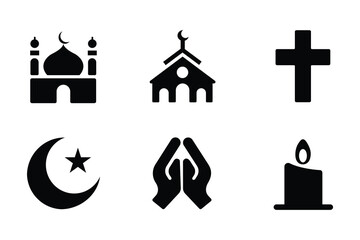 Vector Religious Symbols: Mosque, Church, Cross, Crescent, Hands, and Candle Flat Icon Set Collection