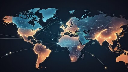 World map with global network connections showing continents illuminated in blue and orange hues
