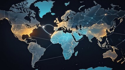 Global network map with highlighted continents and connecting lines on a dark background