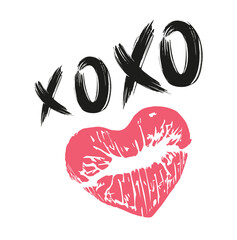 Pink red lipstick kiss symbol in a heart form and text xoxo
