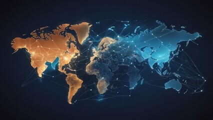 World map with connections in orange and blue on a dark background showing global communication