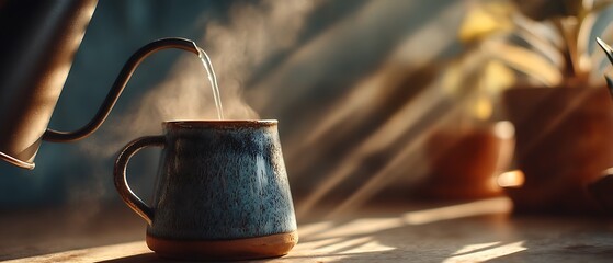 Warm morning light pours over a minimalist table as a hand gently prepares pour-over coffee, steam rising softly, ideal for cafe branding, lifestyle, or cozy breakfast visuals.