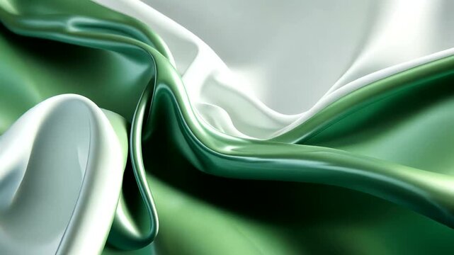 An abstract swirl of glossy, metallic green and white liquid forms, creating flowing, sinuous curves