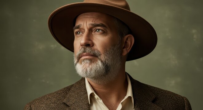 Mature man in a hat and jacket looks thoughtfully into the distance. - Powered by Adobe