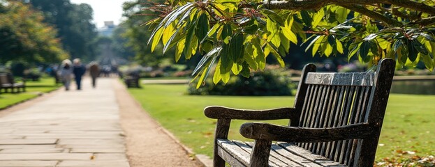 Empty park bench on a sunny day with people walking in the background.