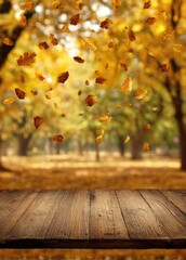 Empty Wooden Table with Falling Autumn Leaves in a Park.