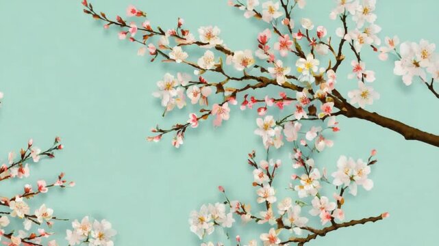 Floral arrangement with white blossoms and branches against a light blue background art design floral patterns backgrounds video