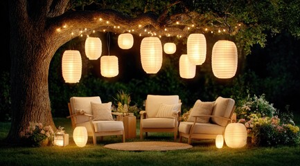 Evening Garden Ambiance with Lanterns and Seating.