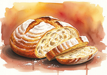 A beautifully rendered watercolor painting of a rustic loaf of sourdough bread, sliced to reveal its airy crumb and golden crust.