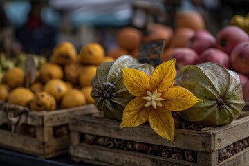 Exotic Fruits and a Flower Displayed in Wooden Crates at a Market.
