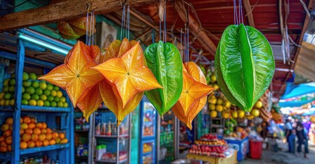 Exotic fruit market display with starfruit.
