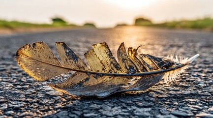 Fallen feather on an empty asphalt road at sunset.