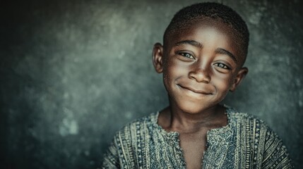 Portrait of a smiling young black boy, showcasing joy and innocence with a subtle grin