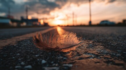 Fallen Leaf on Asphalt Road at Sunset.