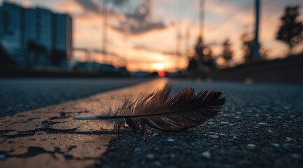 Feather on asphalt at sunset.