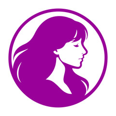 Vector illustration of a woman's profile with long hair inside a purple circle design element