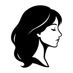 Vector illustration of a woman's face in profile with dark hair and closed eyes in black and white
