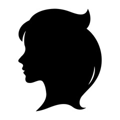 Vector silhouette of a woman's head with short wavy hair facing left in a solid black color