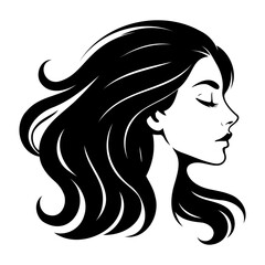 Vector illustration of a woman's profile with flowing black hair and closed eyes in monochrome