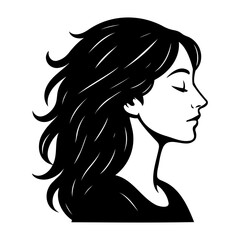 Vector illustration of a woman in profile with long flowing hair and closed eyes in black and white