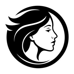 Vector illustration of a woman's profile with flowing hair inside a circular graphic design