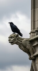 Black bird perches on a stone gargoyle against a cloudy sky.