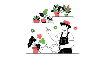 Modern gardener watering houseplants with watering can in stylish home interior, nurturing greenery and floral care for a thriving indoor garden