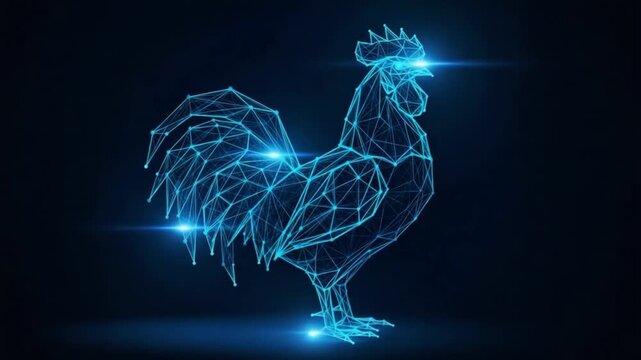 Blue wireframe rooster with glowing lights on dark background chicken bird