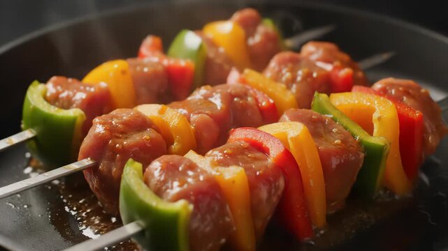 Moist meat and colorful bell pepper chunks on metal skewers cook in a black cast iron pan. Steam rises from the seasoned food, indicating a hot and savory dish.