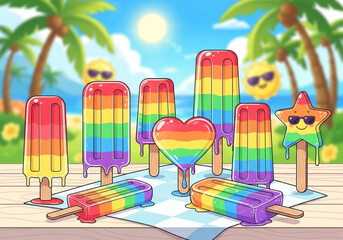 A collection of cute, melting rainbow popsicles on a sunny tropical beach.