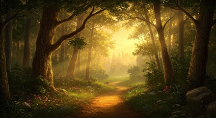 Fototapeta premium Sunlit forest path leads to distant shimmering city under warm golden light.