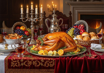 A lavish holiday dinner table set with a roasted turkey, fruits, and candelabras, illuminated by a warm fireplace.