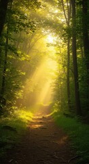 Fototapeta premium Sunbeams illuminate a forest path with vibrant green foliage.