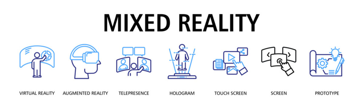 Mixed Reality banner web icon vector illustration concept with icon of virtual reality, augmented reality, telepresence, hologram, touch screen, screen, prototype
