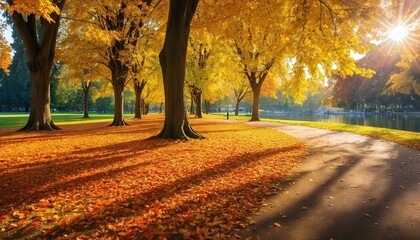 A scenic autumn park landscape with golden leaves and sunlight shining through the trees branches