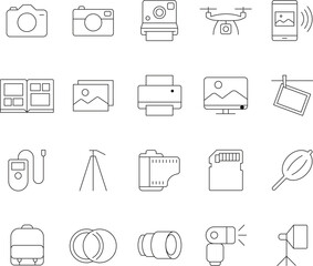 Collection of editable line icons representing photography concepts and equipment