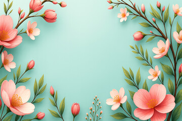 Elegant floral background with pink blossoms and green leaves on turquoise backdrop. Wedding invitations, greeting cards, packaging, spring design, posters, and feminine branding projects.