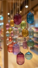 Colorful glass wind chimes Japanese toy store, soft light delicate close-up, transparent spheres with painted flowers, traditional decoration cheerful atmosphere
