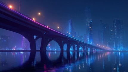 A futuristic cityscape reflected in a calm lake at night, illuminated by neon lights