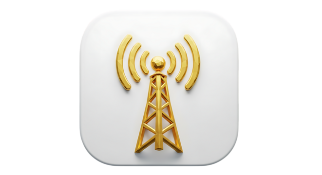 Golden transmission tower radiating waves isolated on a transparent background - Powered by Adobe
