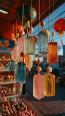 Colorful glass wind chimes Japanese toy store, soft light delicate close-up, transparent spheres with painted flowers, traditional decoration cheerful atmosphere